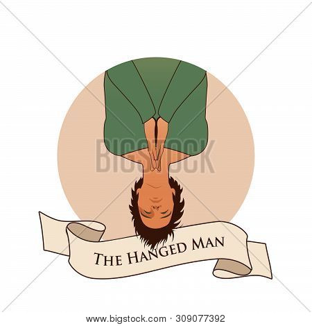 Major Arcana Emblem Tarot Card. The Hanged Man. Man Hanging Ace Down,  With Praying Hands, Isolated 