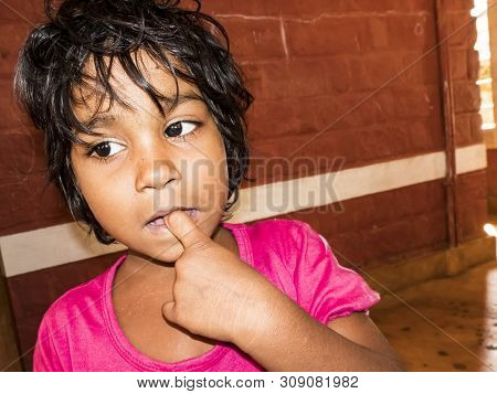 Puduchery, India - December Circa, 2018. Unidentified Indian Little Girl With Shy Coy Expression In 