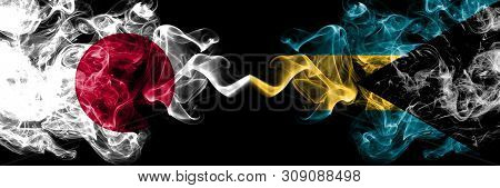 Japan Vs Bahamas, Bahamian Smoky Mystic Flags Placed Side By Side. Thick Colored Silky Smokes Combin