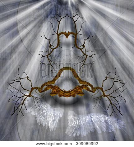 Spiritual art. Abstract roots on mystic background. Shining light and angels wings. 3D rendering