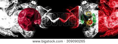 Japan Vs Peru, Peruan Smoky Mystic Flags Placed Side By Side. Thick Colored Silky Smokes Combination