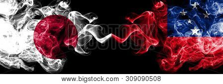 Japan Vs Samoa, Samoan Smoky Mystic Flags Placed Side By Side. Thick Colored Silky Smokes Combinatio