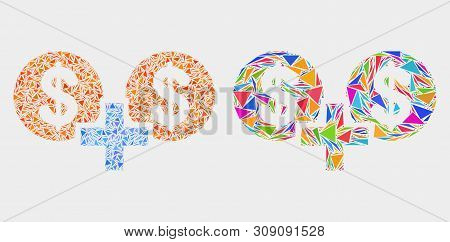 Financial Sum Mosaic Icon Of Triangle Elements Which Have Different Sizes And Shapes And Colors. Geo