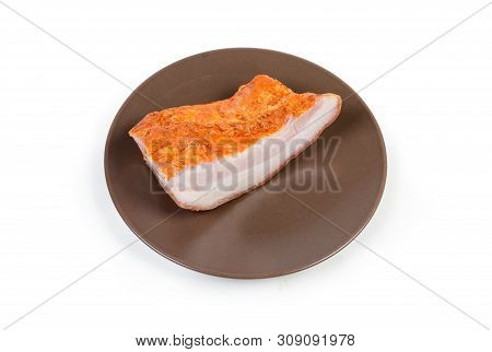 Pice Of Boiled Smoked Pork Belly With Skin On The Brown Dish On A White Background