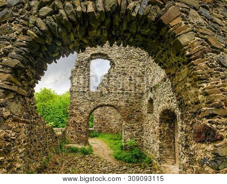Picturesque Ruins Of The Stone Courtyard Walls Of Nevytske Castle Of The 13-17th Centuries, Zakarpat