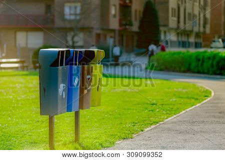 Recycle Bin. Communal Trash Containers At The Street To Recycling. Trash Bin. Garbage Management. Wa