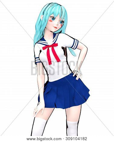 3d Sexy Anime Doll Japanese Schoolgirl Big Blue Eyes.skirt Blue.white Knee Socks.cartoon, Comics, Sk