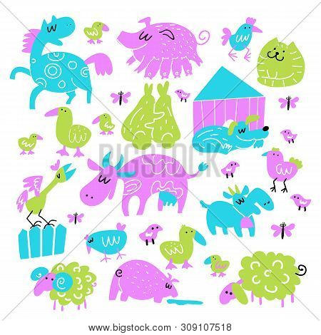 Vector Collection Of Funny Doodle Farm Animals. Illustration Of Hourse, Pig, Rabbits, Cow, Sheep, Go