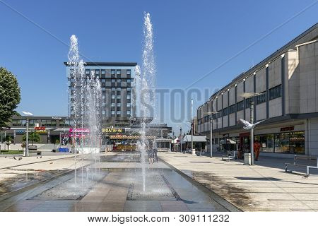 Pirot, Serbia - June 15, 2019: Central Square And Building At The Center Of Town Of Pirot, Southern 