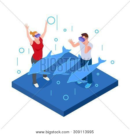 Underwater Virtual Reality, Happy Man And Woman In Vr Glasses With Dolphins Isometric Vector Illustr