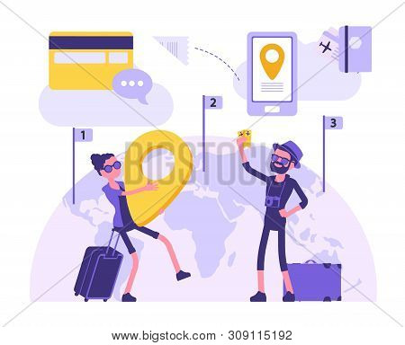 Travelling People Make A Journey. Male And Female Tourists With Luggage For Holiday Trip Holding Gia