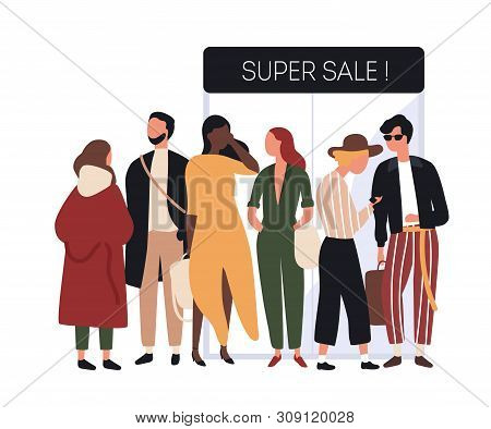 People Dressed In Fashionable Clothes Standing In Line Or Queue Near Store Entrance Doors. Men And W