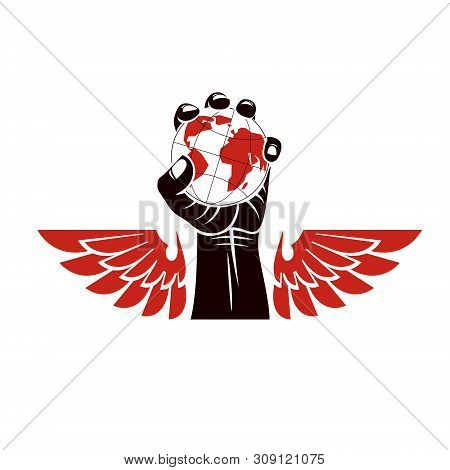 Winged Vector Emblem Composed With Raised Clenched Fist Composed With Earth Illustration. Authority 