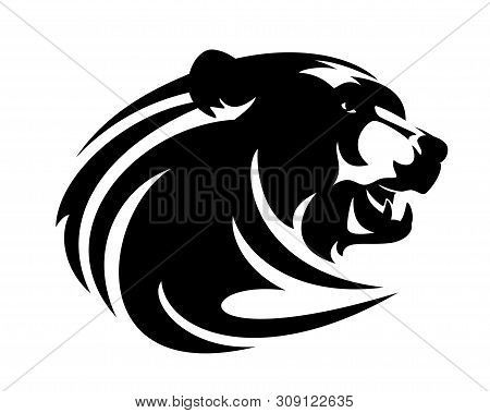 Roaring Brown Bear Head - Wild Animal Black And White Vector Portrait