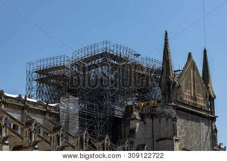 Paris, France - June 27, 2019: Cath Drale Notre-dame De Paris Construction And Refurbishment Rebuild