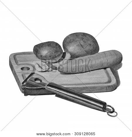 Wooden Kitchen Board Isolated On White. Hand-drawn Potatoes And Carrots, A Knife For Cleaning Vegeta