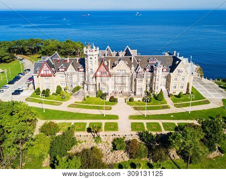 Magdalena Palace Or Palacio De La Magdalena Aerial Panoramic View. It Is A Palace Located On The Mag