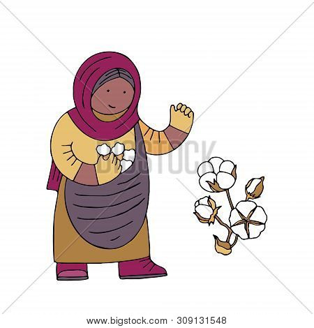 Cotton Collector With A Bag In A National Costume In Doodle Style With A Stroke. Icon For Games And 