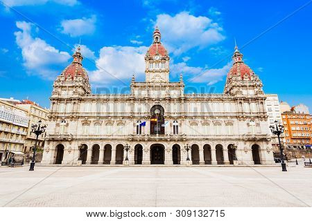 City Hall Or Municipal Palace Or Concello Da Coruna At The Plaza De Maria Pita Square In A Coruna In