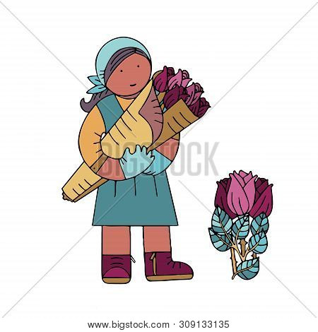 Rose Gardener With A Bunch Of Roses In Doodle Style With A Stroke. Icon For Games And Apps. Illustra