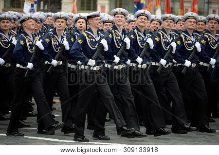 Moscow, Russia - May 9, 2019: Cadets Of The Black Sea Higher Naval School Named After Admiral Nakhim