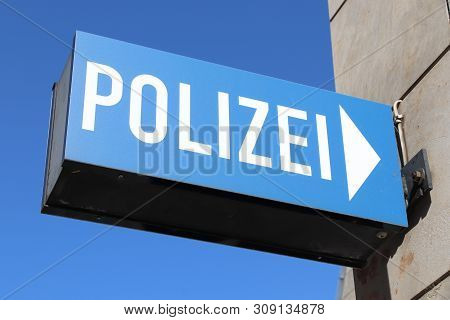 Police Sign In German Language (polizei). Nuremberg City In Germany.