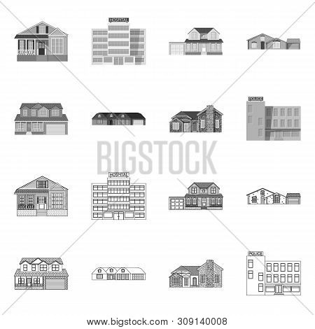Vector Illustration Of Building And Front Icon. Set Of Building And Roof Stock Symbol For Web.