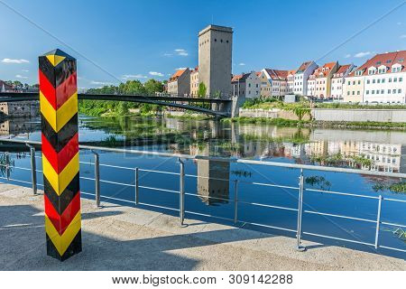 Border Bollard At The German Border To Poland Near The Neisse River In Görlitz