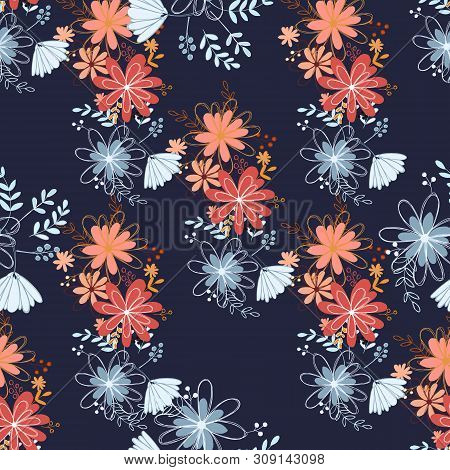 Seamless Pattern Clear Shaped Flowers Mixed Bouguet. Simple Flowers In Bouguets