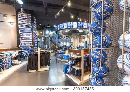 Porto, Portugal - April 2018: Fc Porto Souvenirs On Sale In Fan Shop At Estadio Do Dragao Stadium