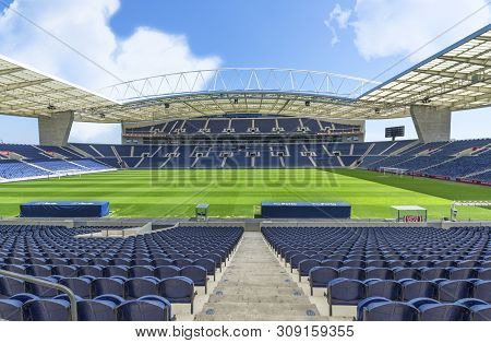 Porto, Portugal - April 2018: Blue Tribunes Of Estadio Do Dragao Stadium