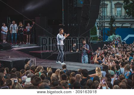 Lviv, Ukraine - June 18, 2019: Vakarchuk At Stage Talking In Microphone. Political