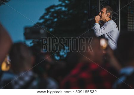 Lviv, Ukraine - June 18, 2019: Svyatoslav Vakarchuk Ukrainian Rock Singer At Stage. Music Fest