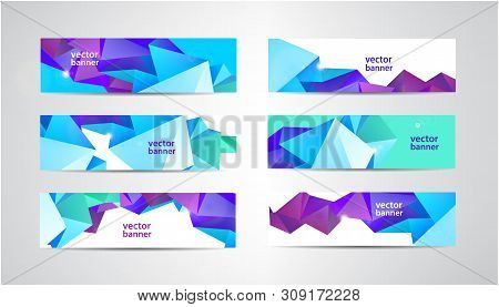 Vector Set Of Banners With Polygonal Geometric Background, Facet, Low Poly, Traingles Headers