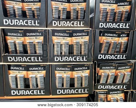 Montreal, Canada - June 20, 2019: Duracell Packages Stand In Costco Warehouse. Duracell Is American 