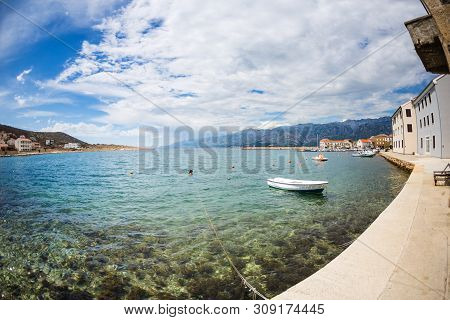 Shore Of The Adriatic Sea. Sea Coast Of Croatia. Calm Water. Beautiful Places Of European Cities. Sk