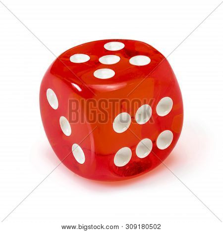 Red Acrylic Transparent Dice For Games. Gambling Translucent Dice Isolated In A White Background, Ma