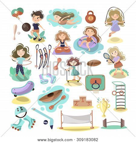 Kids Doing Sport Games, Vector Cartoon Illustration. Playing, Jumping, Swimming Boys And Girls With 
