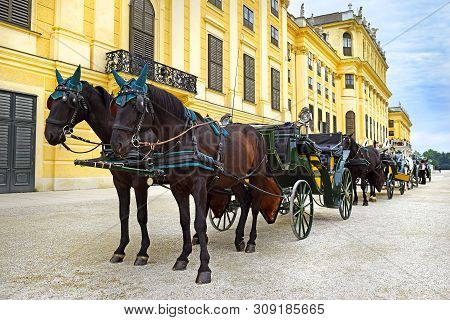 Vienna, Austria - 27 May 2019 : Horses And Carriages Near Schonbrunn Palace, Main Summer Residence O