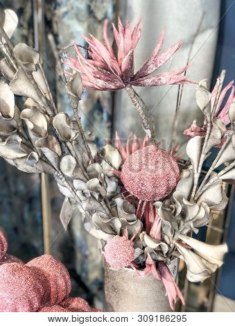 Home Decoration, Fake Pastel Pink And Silver Flowers. Indore Design Concept.