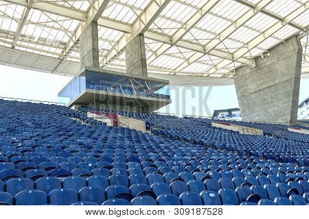 Porto, Portugal - April 2018:   Blue Tribunes Of Estadio Do Dragao Arena