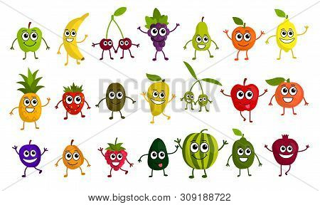 Cute Cartoon Fruits Set In Flat Style Isolated On White Background. Kawaii Emoji Fruit Icons. Vector