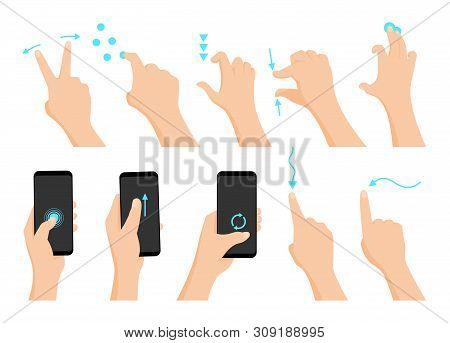 Touch Screen Hand Gestures Flat Colored Icon Series With Arrows Showing Direction Of Movement Of Fin