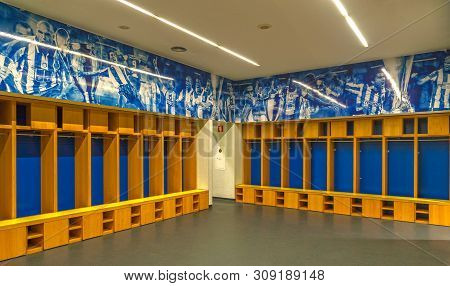 Porto, Portugal - April 2018: Changing Room At Estadio Do Dragao Arena