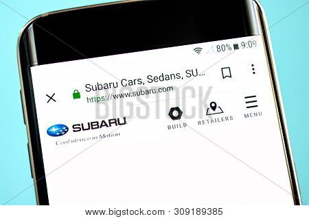 Berdyansk, Ukraine - 30 May 2019: Subaru Website Homepage. Subaru Logo Visible On The Phone Screen.