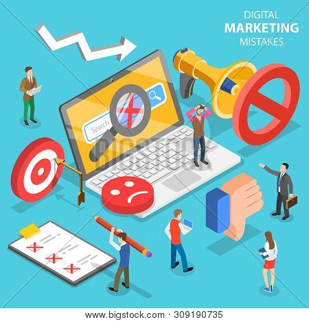 Isometric Flat Vector Concept Of Digital Marketing Mistakes, Wrong Strategy.