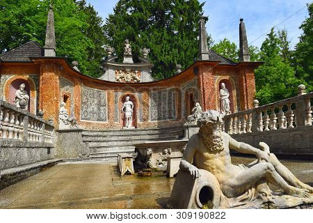 Salzburg, Austria - May 25, 2019 : Trick Fountains Hidden In A Dinner Table And Sculptures At The Po