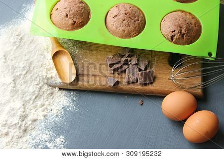 Homemade Muffins With Chocolate. Ingredients For Baking. Copy Space.