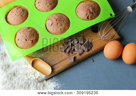 Homemade Muffins With Chocolate. Ingredients For Baking. Copy Space.