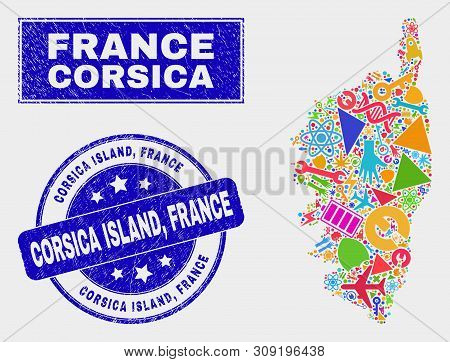 Mosaic Service Corsica Map And Corsica Island, France Seal Stamp. Corsica Map Collage Constructed Wi